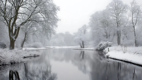 Winter river silence under soft mist and frosted trees.