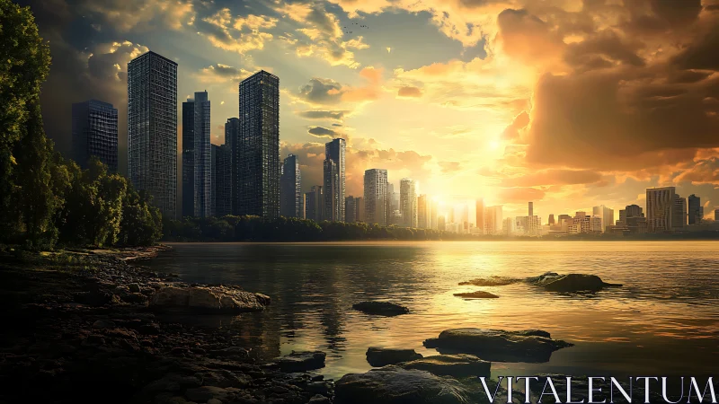 Golden sunset skyline glows above tranquil urban waterfront