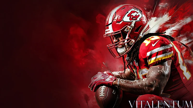 Intense red football portrait captures explosive gridiron focus.