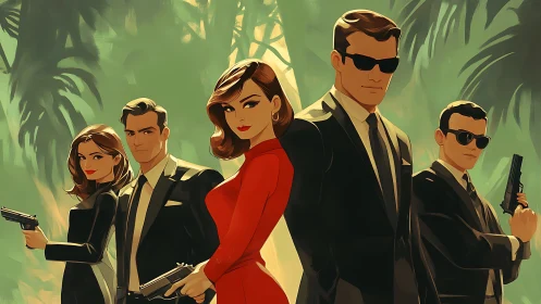 Stylized agent team stands armed in tropical jungle environment