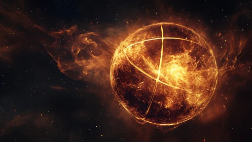 Incandescent plasma sphere with fiery filament grid in space