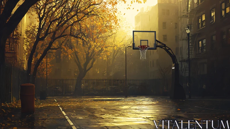 Empty city basketball court under warm autumn light.