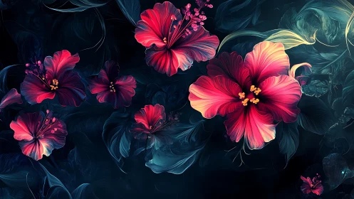 Digital rendering shows stylized hibiscus flowers on dark field