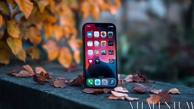 Smartphone with colorful app icons positioned on autumn leaf surface.