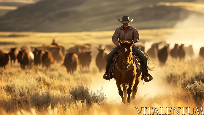 Cowboy on horseback guiding cattle through dry grassland.