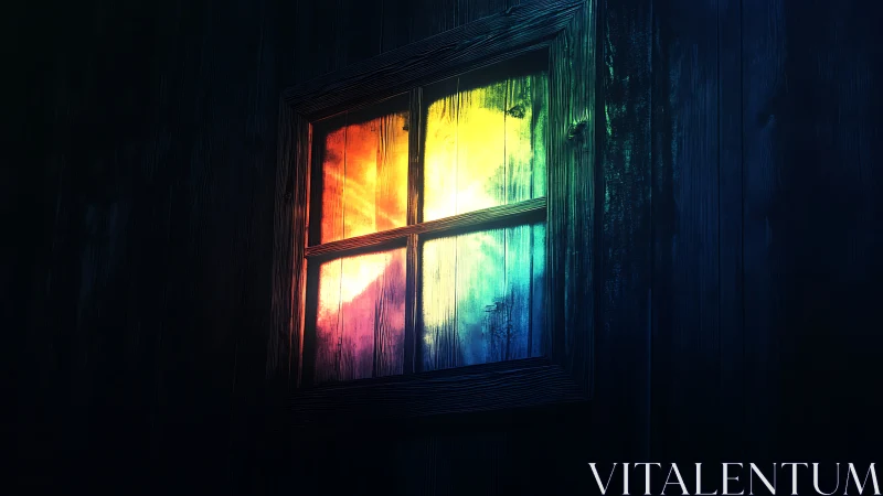 Midnight cabin window spilling quiet rainbow firelight.