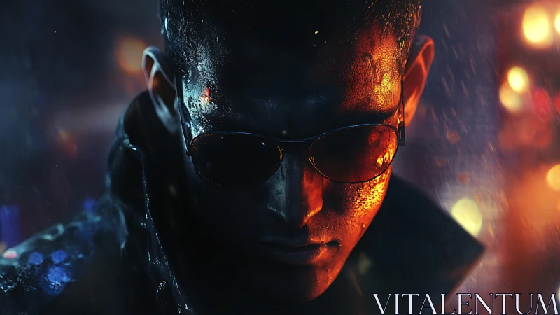 Neon soaked loner stands strong in a rain lit city night