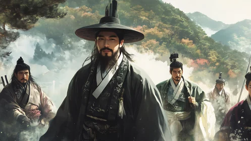 Group of historical East Asian figures in misty mountains.