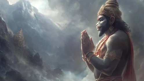 Hanuman-like divine figure in prayer before misty mountains.