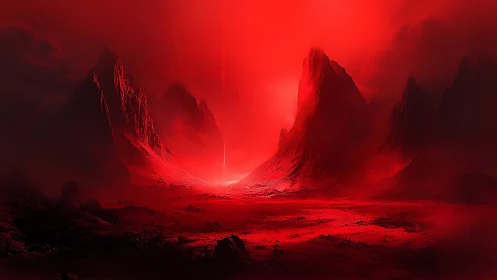 Crimson alien badlands glow around a mysterious sky spear.