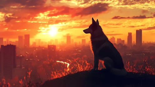 Canine silhouette overlooking urban skyline at fiery sunset