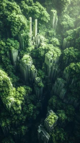 Aerial view of vegetation-covered columnar rock formations