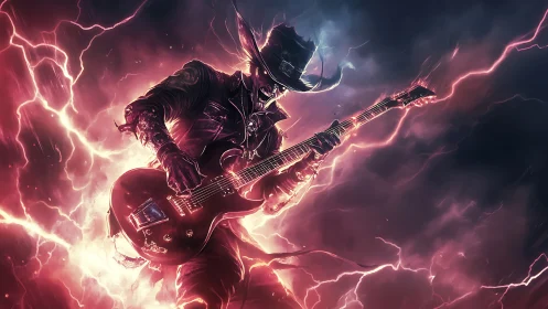 Demonic cowboy guitarist shredding through neon lightning storm.