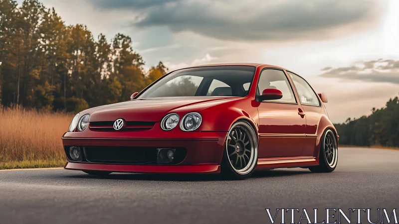 Scarlet VW hatchback lounges low beneath a moody horizon