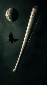 Baseball bat, ball, and flying bird rendered on dark background
