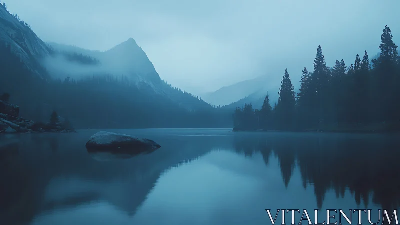 Foggy mountain lake with pine shoreline in blue light.