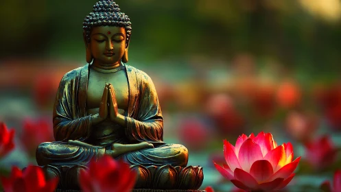 Lotus-lit bronze Buddha settles into sunset-colored stillness