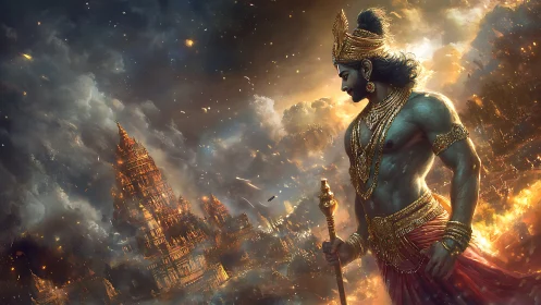 Divine warrior in golden armor over burning mythic cityscape.