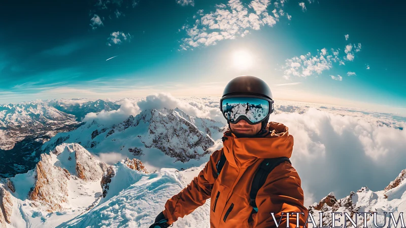 Wide‑angle alpine summit selfie in vivid winter light.