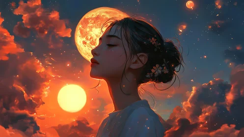 Dreamlit girl between twin suns and a restless moon.