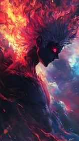 Flaming humanoid figure with glowing red eyes in profile