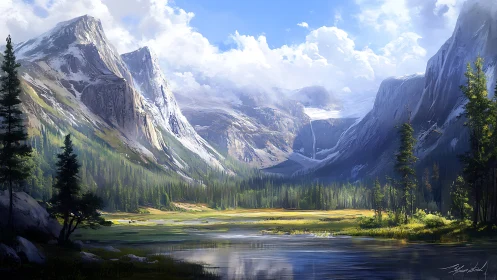 Sunlit alpine valley with towering snowlit granite peaks.