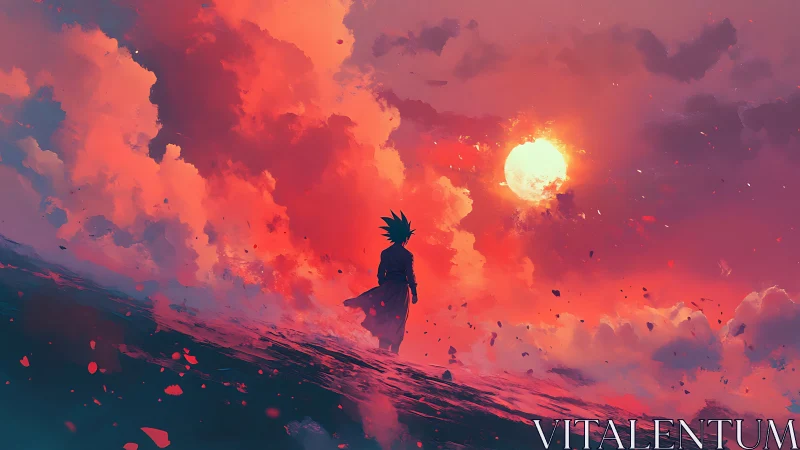 Backlit anime warrior silhouette under volumetric crimson sky