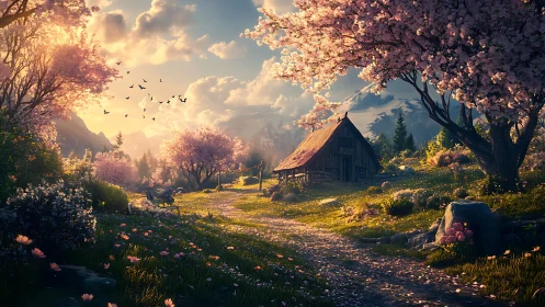 Digital painting of alpine cottage amid spring blossom canopy.