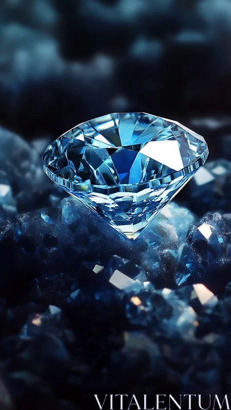 Blue brilliant-cut diamond on faceted gemstone bed.