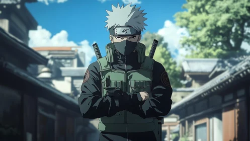 Masked silver-haired ninja stands guard in quiet village street.