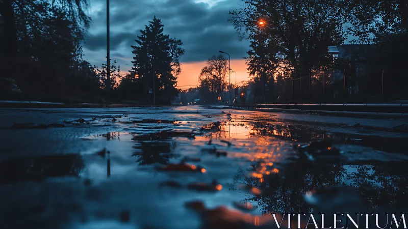 Puddled dusk street mirroring ember clouds and sleepy lamps.