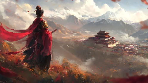 Warrior in red overlooking mountain citadel under drifting clouds