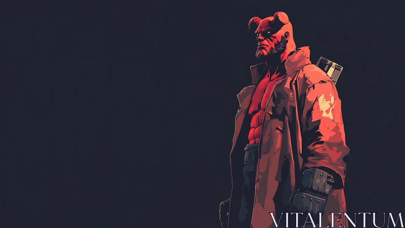 Red-skinned horned humanoid in cel-shaded trench coat under raking light