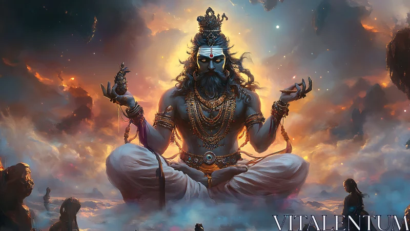 Meditating blue deity in ornate attire amid glowing clouds.
