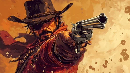Gritty one eyed cowboy aiming revolver in desert standoff