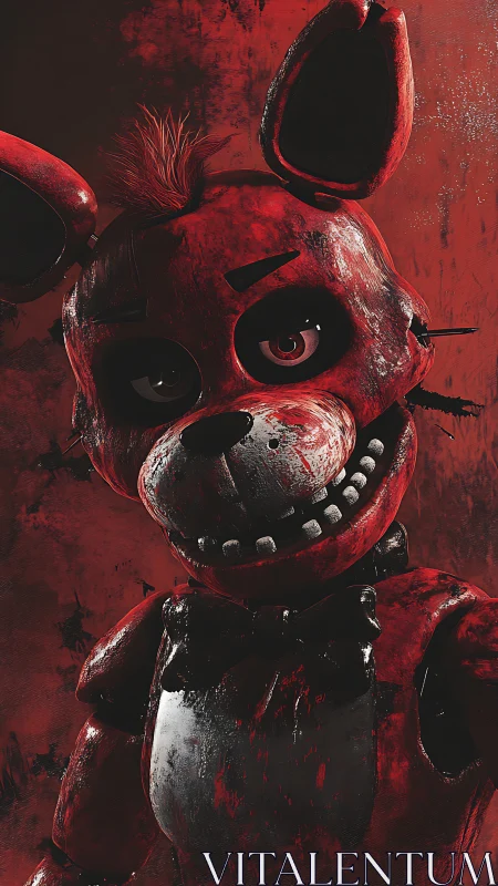 Corroded red animatronic fox under harsh cinematic lighting.