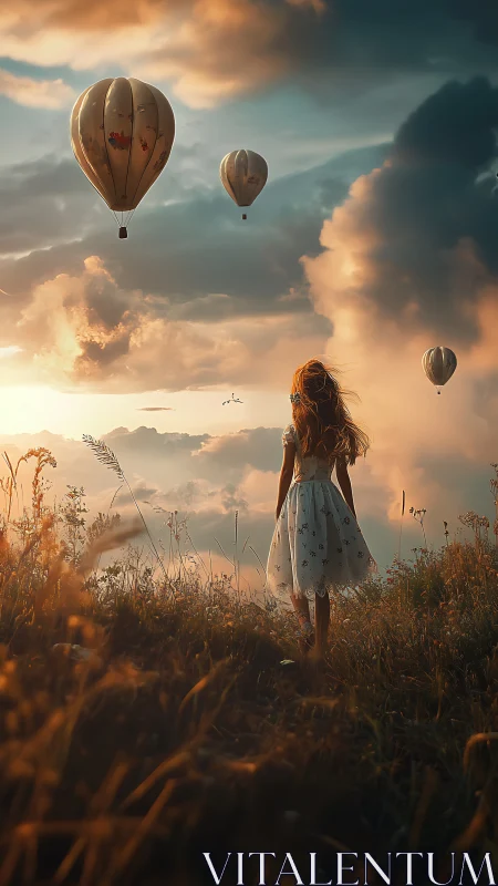 Girl observing hot air balloons over sunlit hillside field.