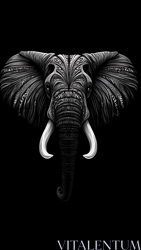 Elephant head illustration displays symmetrical ornamental detailing