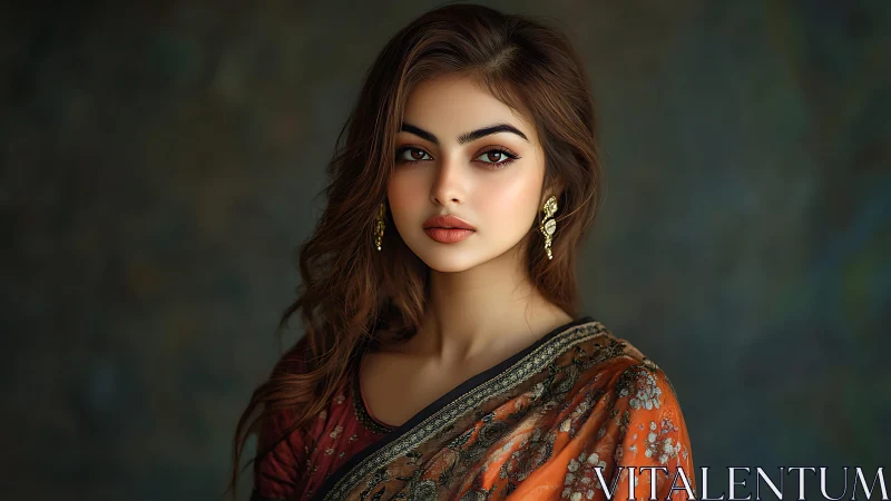 Portrait of woman in embroidered sari with controlled soft lighting