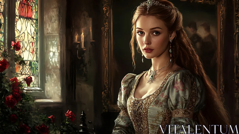 Renaissance style noblewoman beside stained glass window.