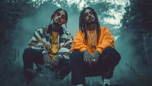 Twin street shadows rest in neon misted woodland hush