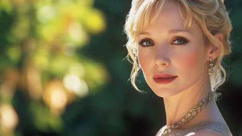 Sunlit garden muse with luminous eyes and golden grace.