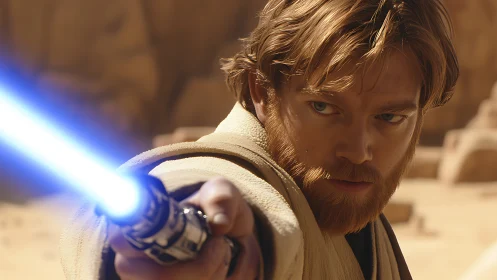 Desert warrior locks gaze behind a blazing blue blade.