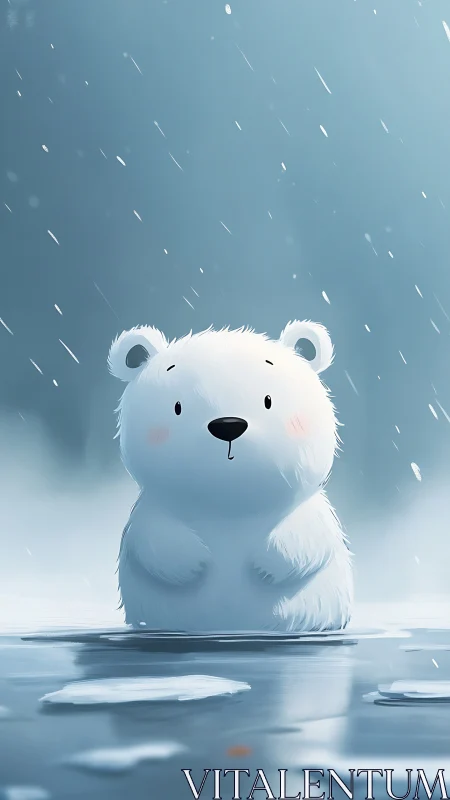 Cute cartoon polar bear stands alone on icy blue lake