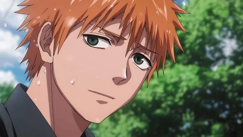 Sunlit anime boy pauses, sweat-lit gaze in summer hush.