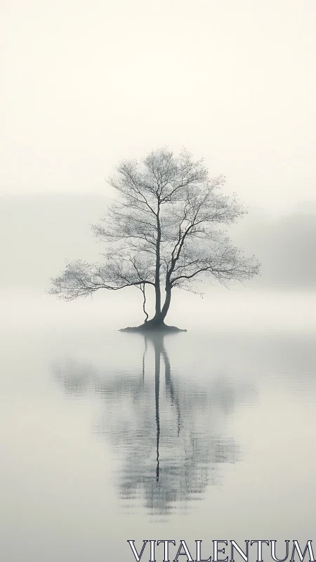 Solitary winter tree reflects quietly in misty still water