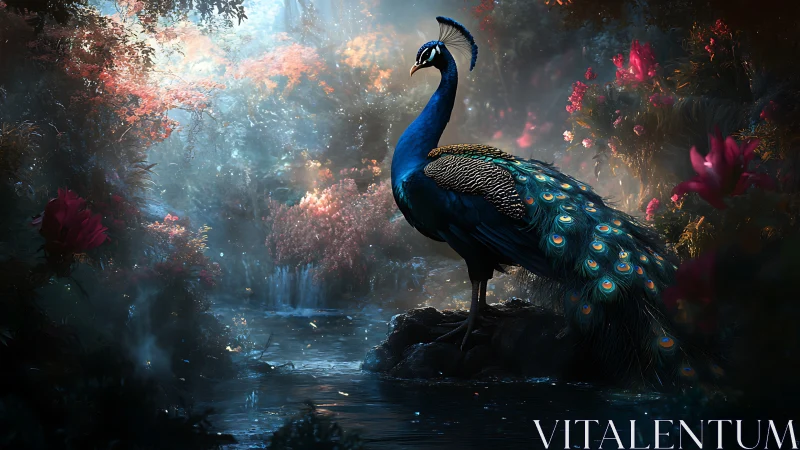 Iridescent peacock rendered in high-contrast volumetric forest light