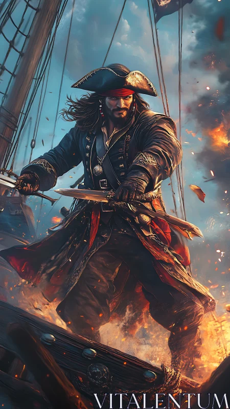 Pirate captain leading fiery boarding attack at sea.