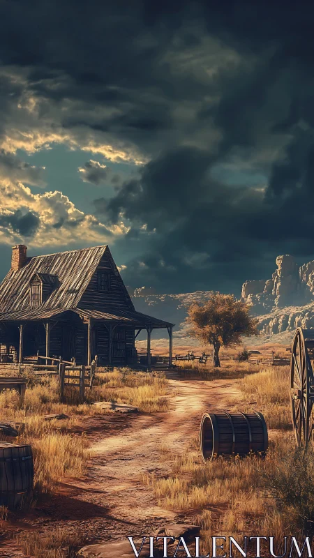 Old wooden farmhouse stands under heavy clouds at sunset