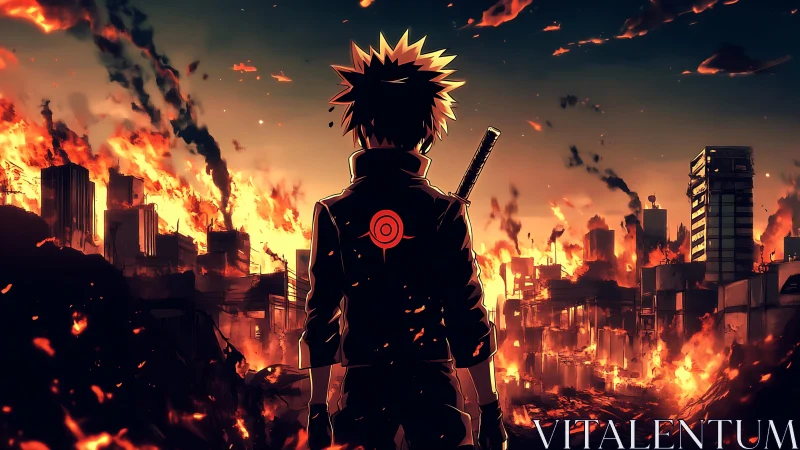 Lone anime swordsman surveys burning futuristic cityscape